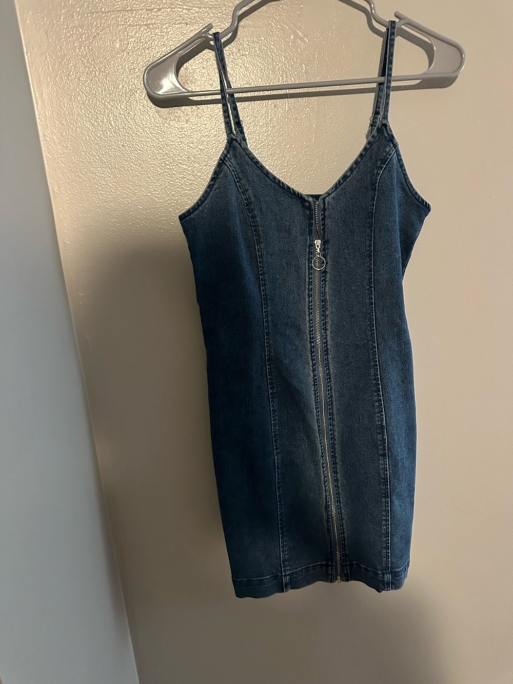 Hem & Thread Dark Blue Denim Mini Dress with Front Zipper